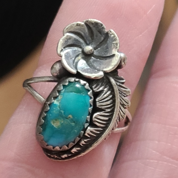 Vintage OLD navajo squash blossom ring sz 6 turquoise Native American sterling - Picture 10 of 12